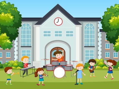 Active boys and girls playing sport and fun activities outside illustration
