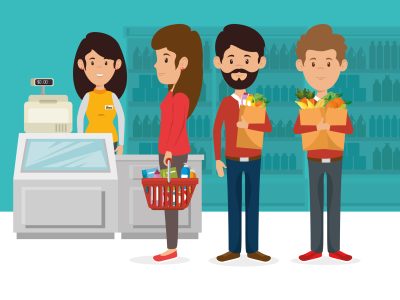 consumers with supermarket basket of groceries vector illustration design